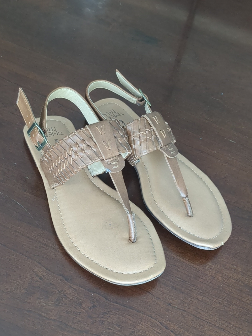 Time and Tru Tan Woven T-Strap Slingback Sandals Size 7